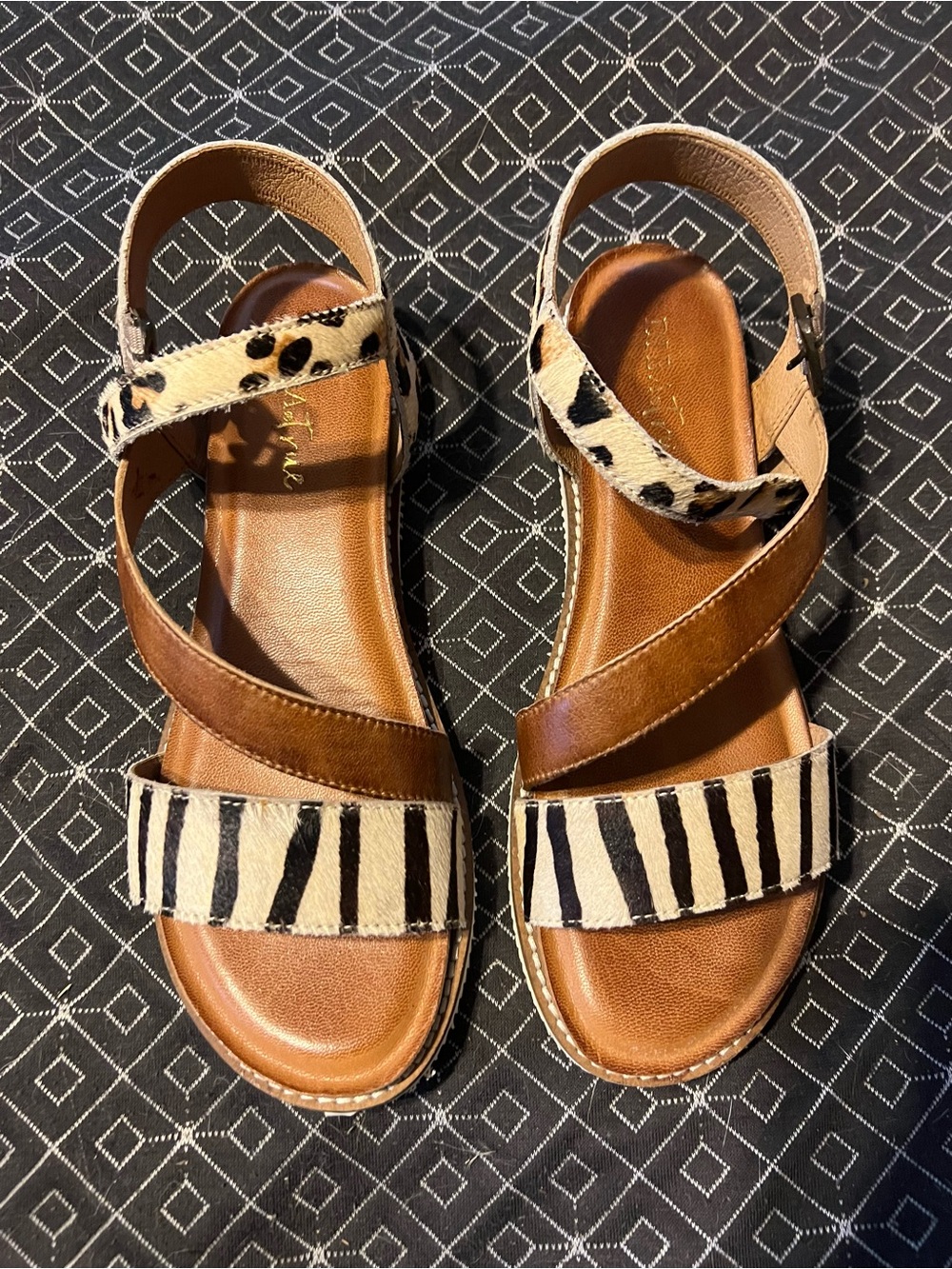 Women's Brown Leather Sandals with Black & White Animal Print